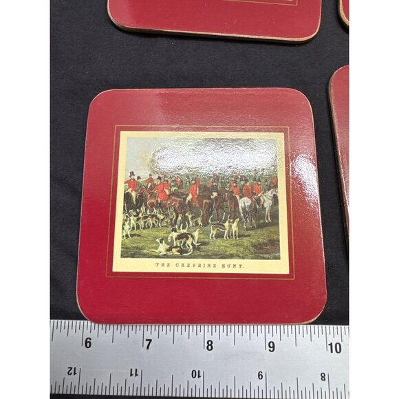 Set Of 5 Clover Leaf Fox Hunting Square Cork Base Coasters Vintage Style - Picture 6 of 11